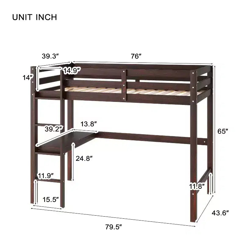 Twin Size Rubber Wood Loft Bed with Ladder, Safety Guardrail and Built-In Desk, 78.6"L x 41.4"W