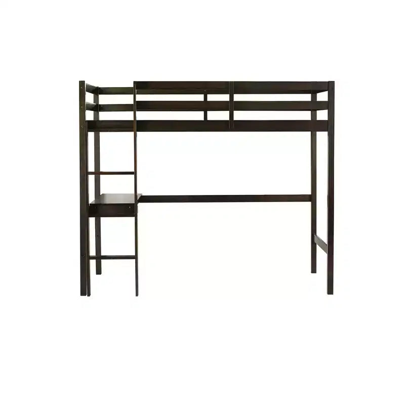 Twin Size Rubber Wood Loft Bed with Ladder, Safety Guardrail and Built-In Desk, 78.6"L x 41.4"W
