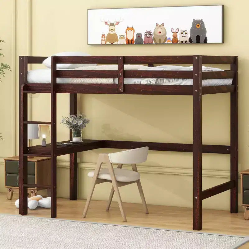 Twin Size Rubber Wood Loft Bed with Ladder, Safety Guardrail and Built-In Desk, 78.6"L x 41.4"W