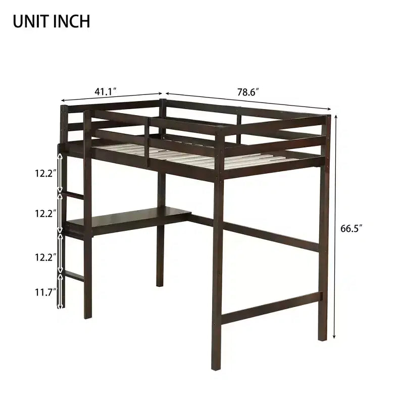 Twin Size Rubber Wood Loft Bed with Ladder, Safety Guardrail and Built-In Desk, 78.6"L x 41.4"W