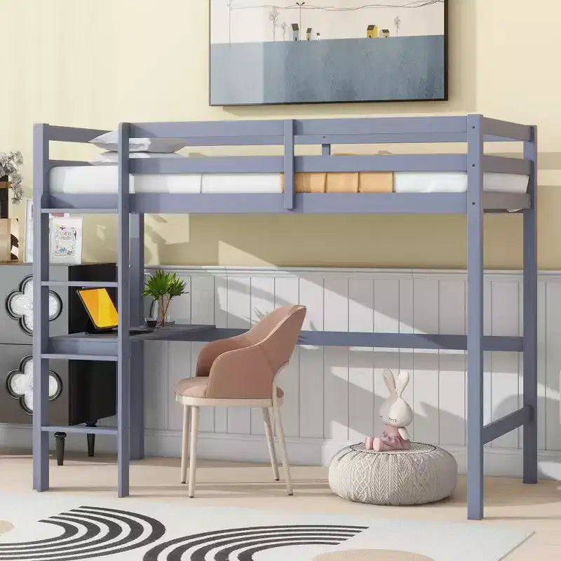 Twin Size Rubber Wood Loft Bed with Ladder, Safety Guardrail and Built-In Desk, 78.6"L x 41.4"W