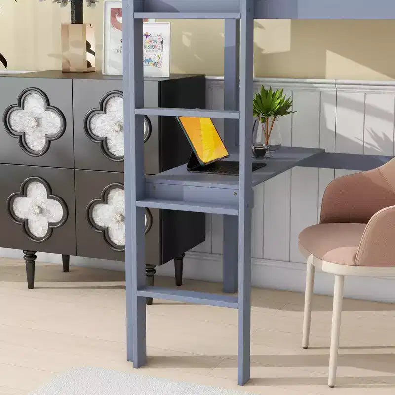 Twin Size Rubber Wood Loft Bed with Ladder, Safety Guardrail and Built-In Desk, 78.6"L x 41.4"W