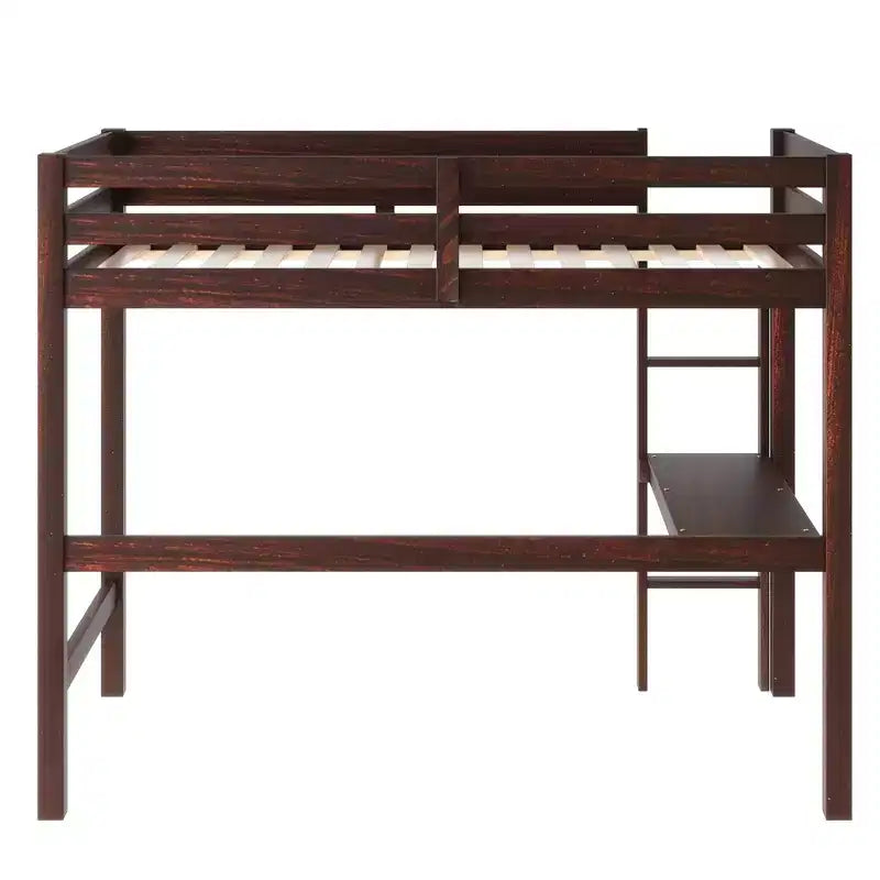 Twin Size Rubber Wood Loft Bed with Ladder, Safety Guardrail and Built-In Desk, 78.6"L x 41.4"W