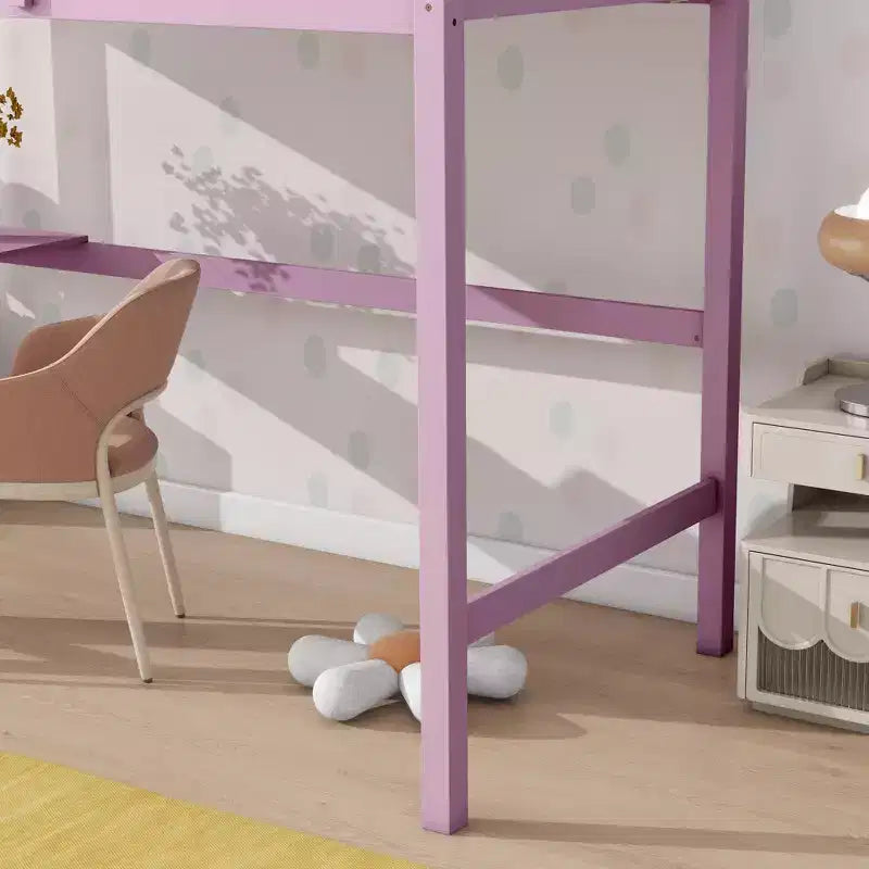 Twin Size Rubber Wood Loft Bed with Ladder, Safety Guardrail and Built-In Desk, 78.6"L x 41.4"W