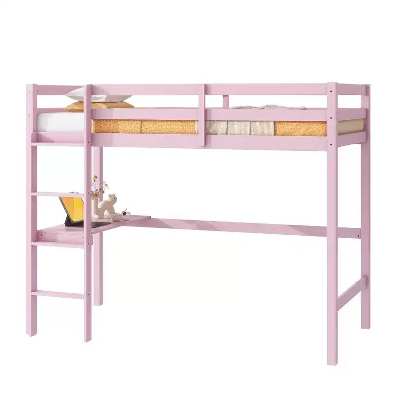Twin Size Rubber Wood Loft Bed with Ladder, Safety Guardrail and Built-In Desk, 78.6"L x 41.4"W