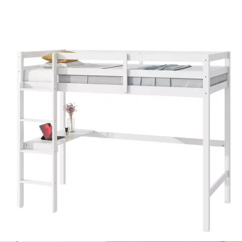 Twin Size Rubber Wood Loft Bed with Ladder, Safety Guardrail and Built-In Desk, 78.6"L x 41.4"W