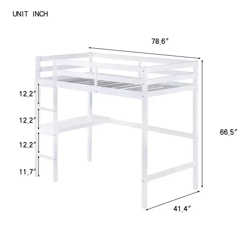 Twin Size Rubber Wood Loft Bed with Ladder, Safety Guardrail and Built-In Desk, 78.6"L x 41.4"W