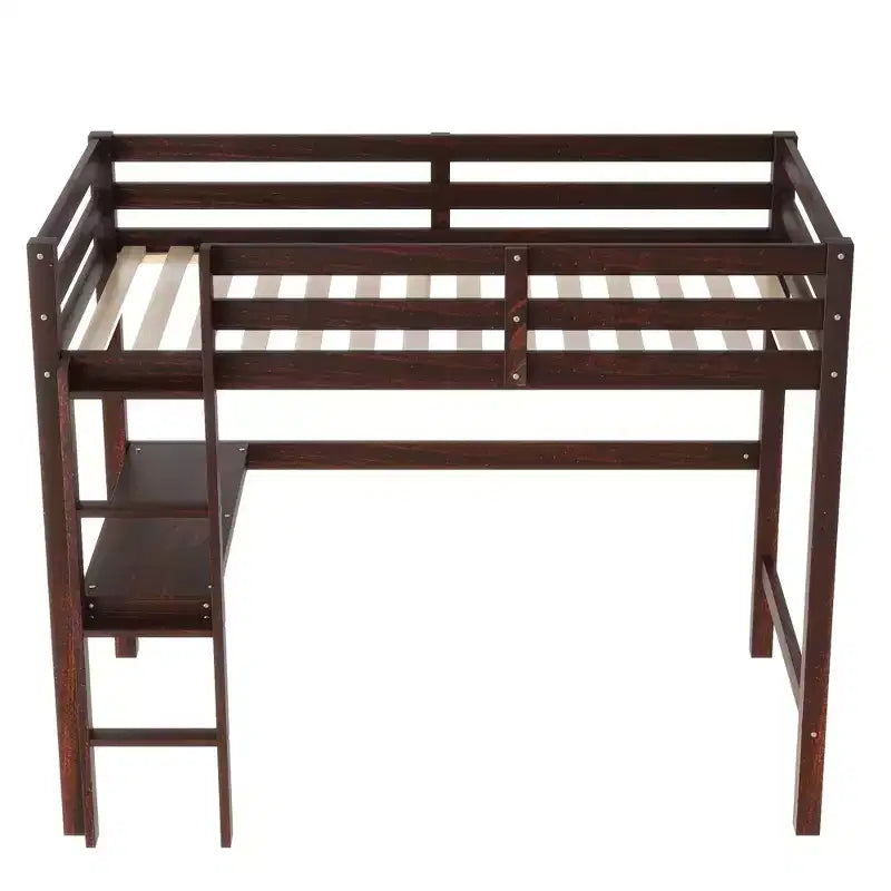 Twin Size Rubber Wood Loft Bed with Ladder, Safety Guardrail and Built-In Desk, 78.6"L x 41.4"W