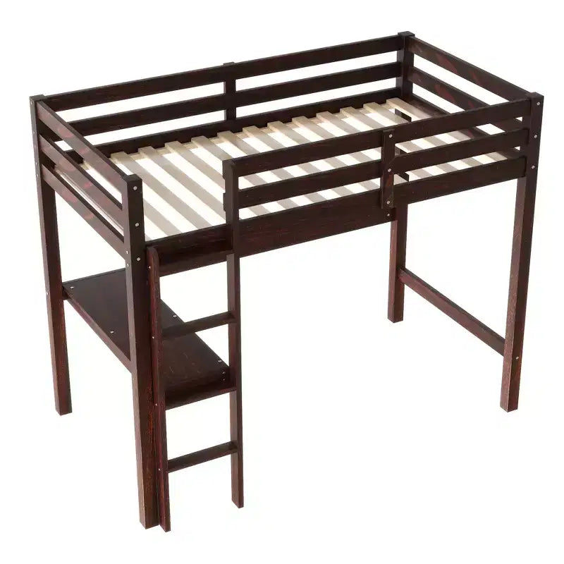 Twin Size Rubber Wood Loft Bed with Ladder, Safety Guardrail and Built-In Desk, 78.6"L x 41.4"W