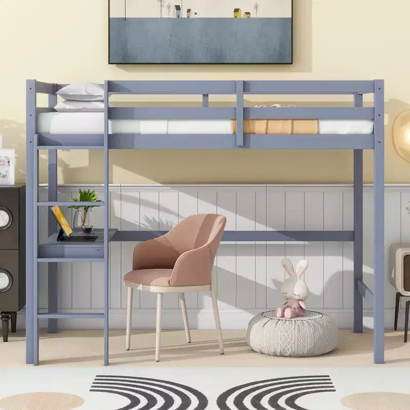 Twin Size Rubber Wood Loft Bed with Ladder, Safety Guardrail and Built-In Desk, 78.6"L x 41.4"W