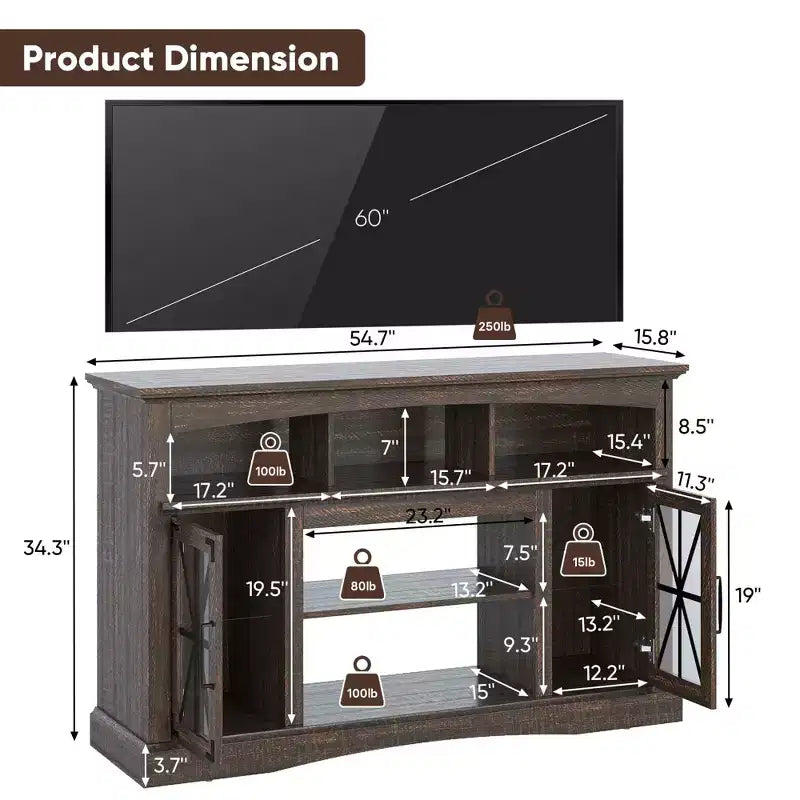 55" TV Stand with Glass Doors & LED Lights, Entertainment Center with Adjustable Shelves for 23" Fireplace