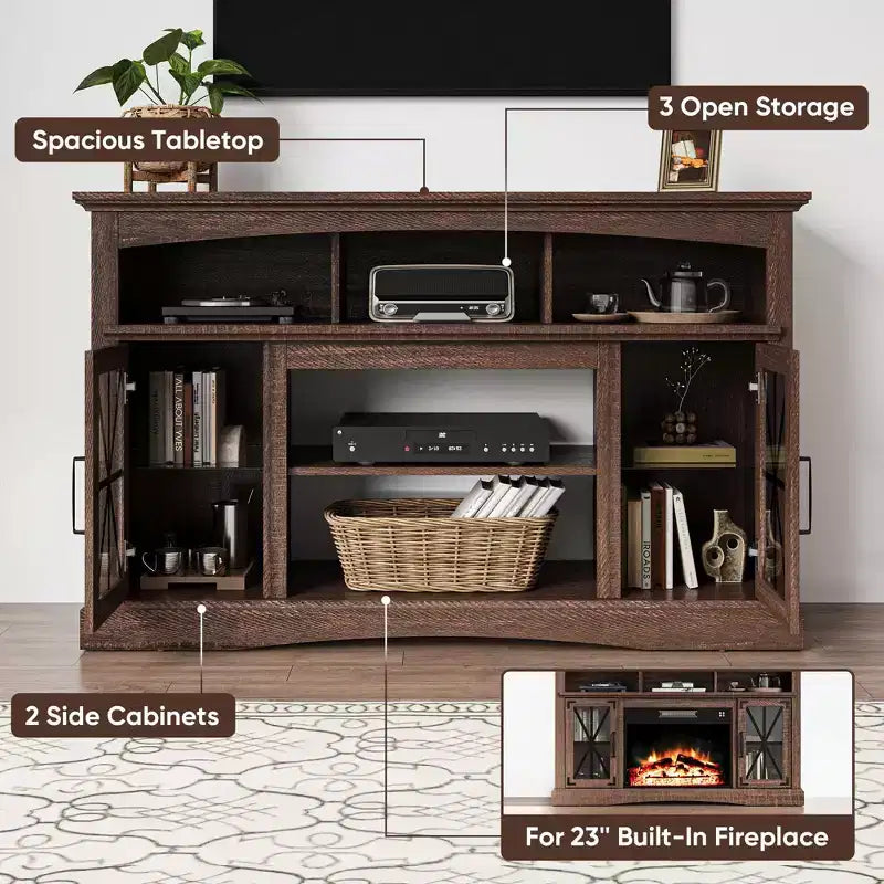 55" TV Stand with Glass Doors & LED Lights, Entertainment Center with Adjustable Shelves for 23" Fireplace