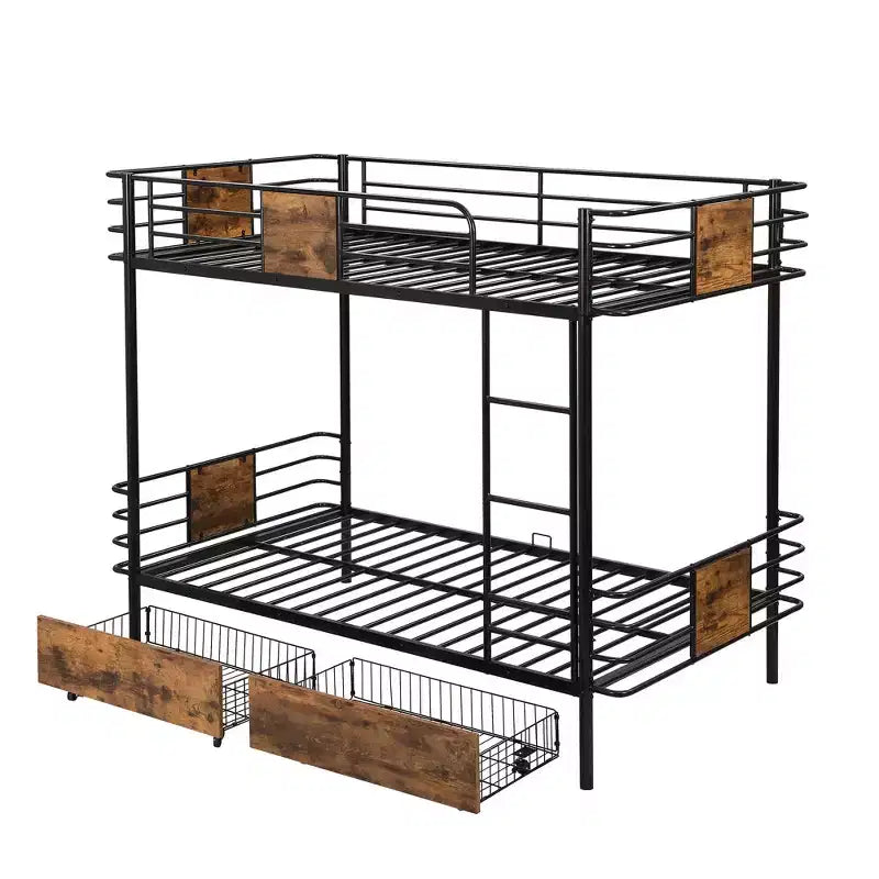 Twin XL over Twin XL Metal Bunk Bed with 2 Storage Drawers, Ladder and Safety Guardrails, Black/Silver