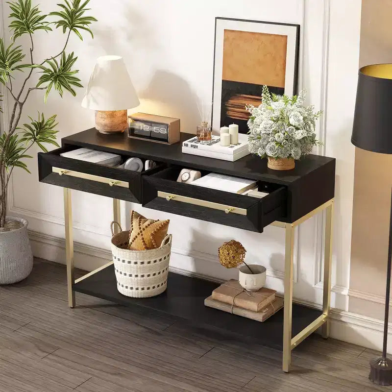 45.5W Console Table, Entryway Table with Two Drawers, Retro Hallway Table with Striking Geometric Design
