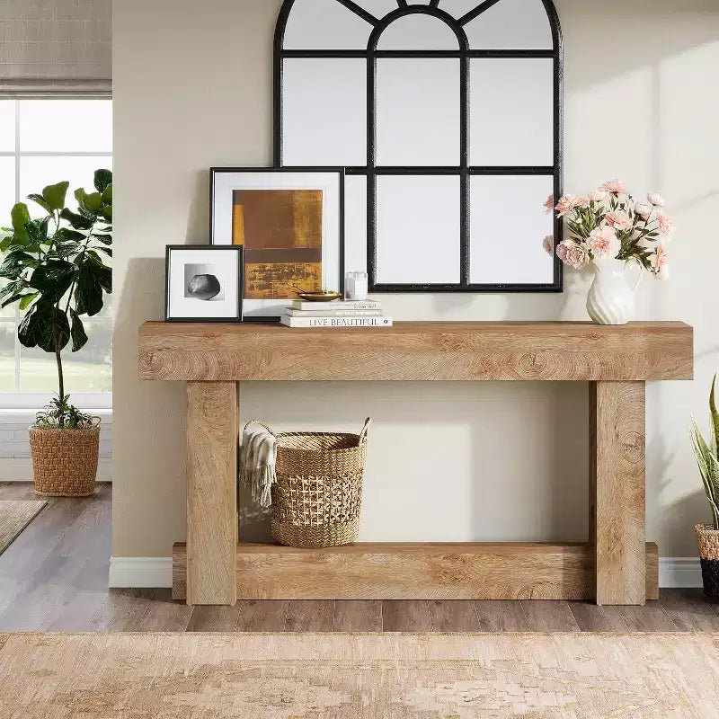 62.99" Narrow Farmhouse Entryway Console Table, 2-Tier Wood