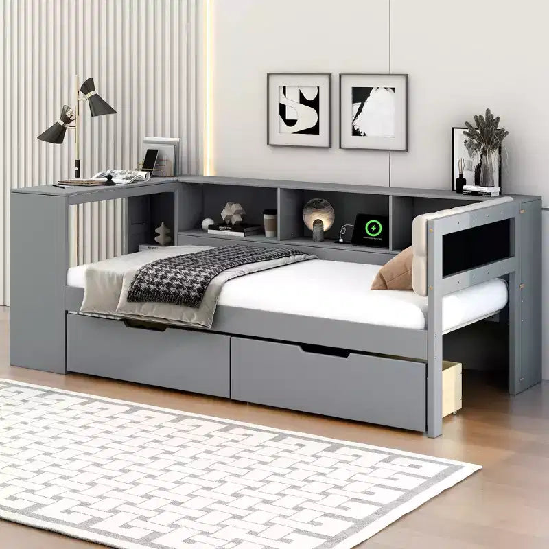 Twin/Full Size Platform Bed with Storage Shelves, Drawers, Charging Station, Upholstered Headboard and Desk, Cream/Gray