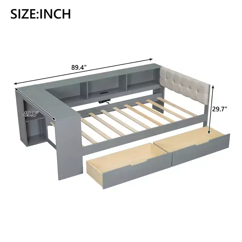 Twin/Full Size Platform Bed with Storage Shelves, Drawers, Charging Station, Upholstered Headboard and Desk, Cream/Gray