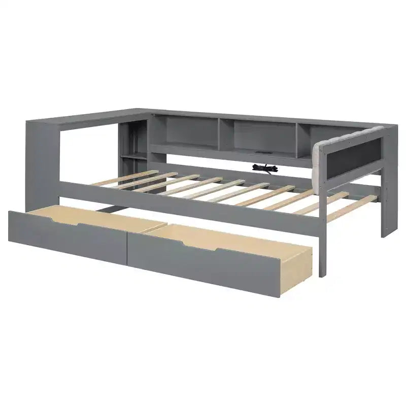 Twin/Full Size Platform Bed with Storage Shelves, Drawers, Charging Station, Upholstered Headboard and Desk, Cream/Gray