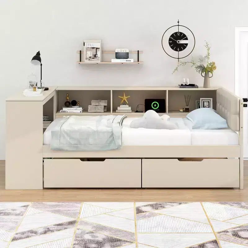 Twin/Full Size Platform Bed with Storage Shelves, Drawers, Charging Station, Upholstered Headboard and Desk, Cream/Gray