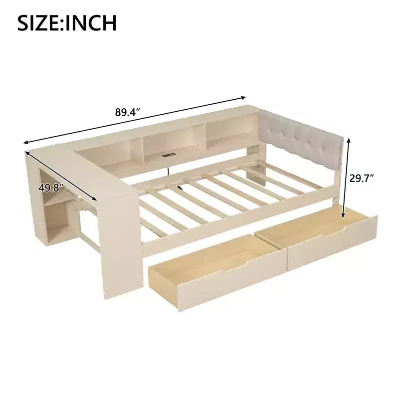 Twin/Full Size Platform Bed with Storage Shelves, Drawers, Charging Station, Upholstered Headboard and Desk, Cream/Gray