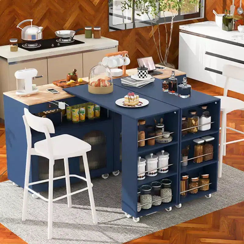 White Rolling Kitchen Island on Wheels with Extended Table Storage Compartment and Side 3 Open Shelves for Kitchen Dining Room