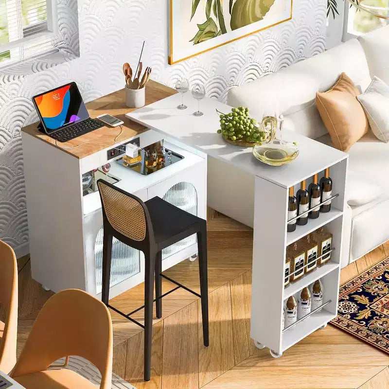 White Rolling Kitchen Island on Wheels with Extended Table Storage Compartment and Side 3 Open Shelves for Kitchen Dining Room