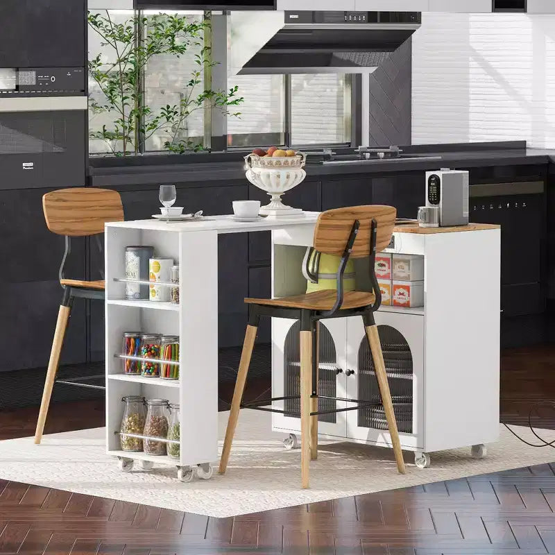 White Rolling Kitchen Island on Wheels with Extended Table Storage Compartment and Side 3 Open Shelves for Kitchen Dining Room