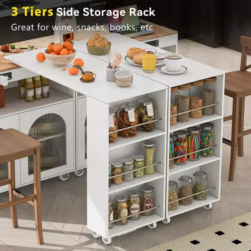 White Rolling Kitchen Island on Wheels with Extended Table Storage Compartment and Side 3 Open Shelves for Kitchen Dining Room