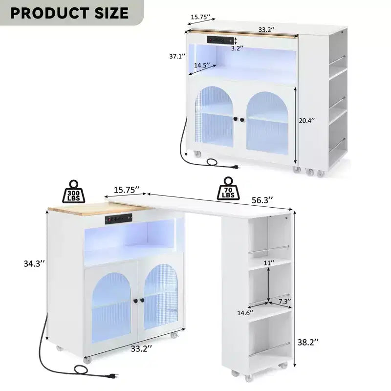 White Rolling Kitchen Island on Wheels with Extended Table Storage Compartment and Side 3 Open Shelves for Kitchen Dining Room