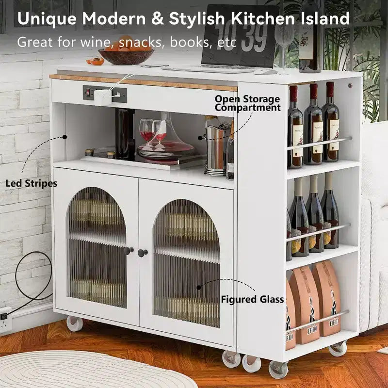 White Rolling Kitchen Island on Wheels with Extended Table Storage Compartment and Side 3 Open Shelves for Kitchen Dining Room