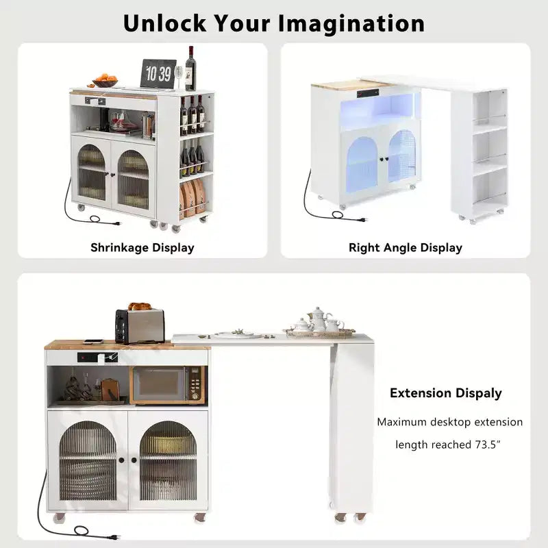 White Rolling Kitchen Island on Wheels with Extended Table Storage Compartment and Side 3 Open Shelves for Kitchen Dining Room