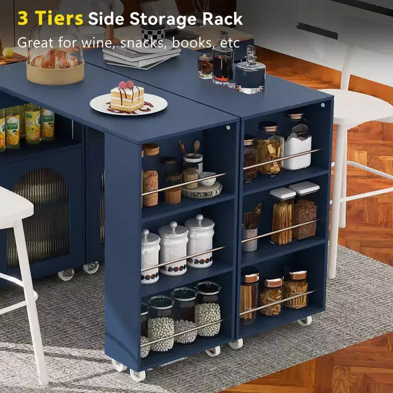 White Rolling Kitchen Island on Wheels with Extended Table Storage Compartment and Side 3 Open Shelves for Kitchen Dining Room