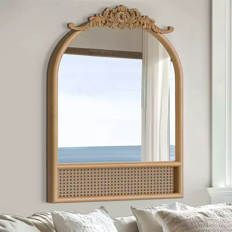 Natural Wood Base Woven Rattan Carved Arch Wall Mirror