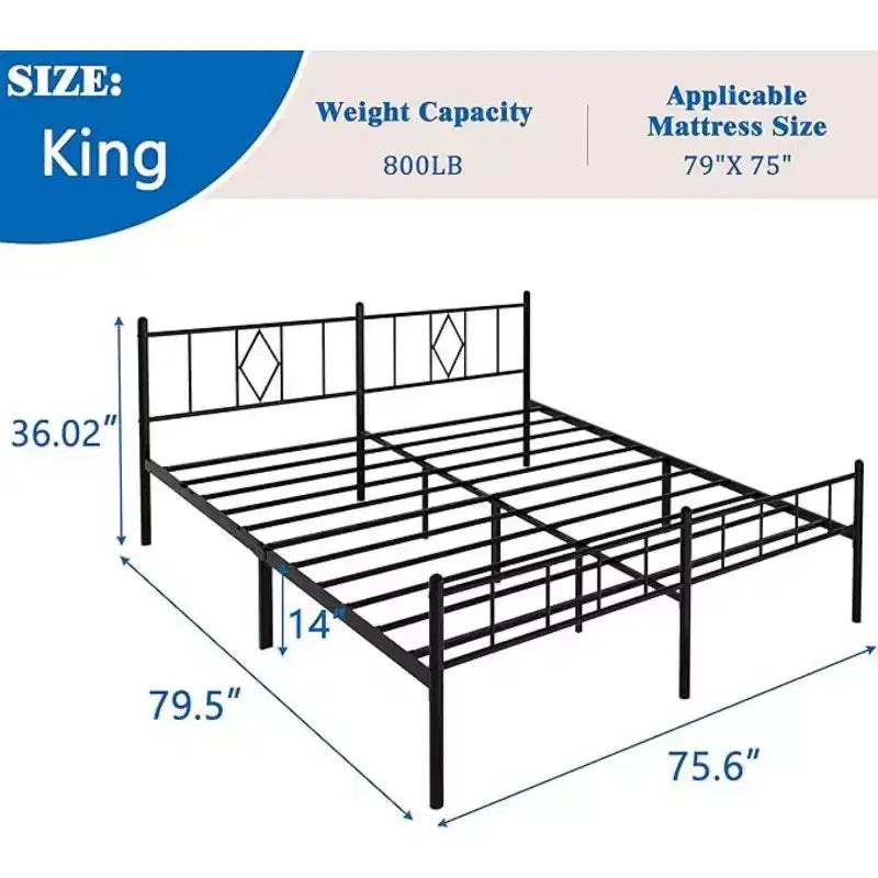 King Size Metal Platform Bed Frame, 14 Inches High with Wrought Iron Headboard and Underbed Storage