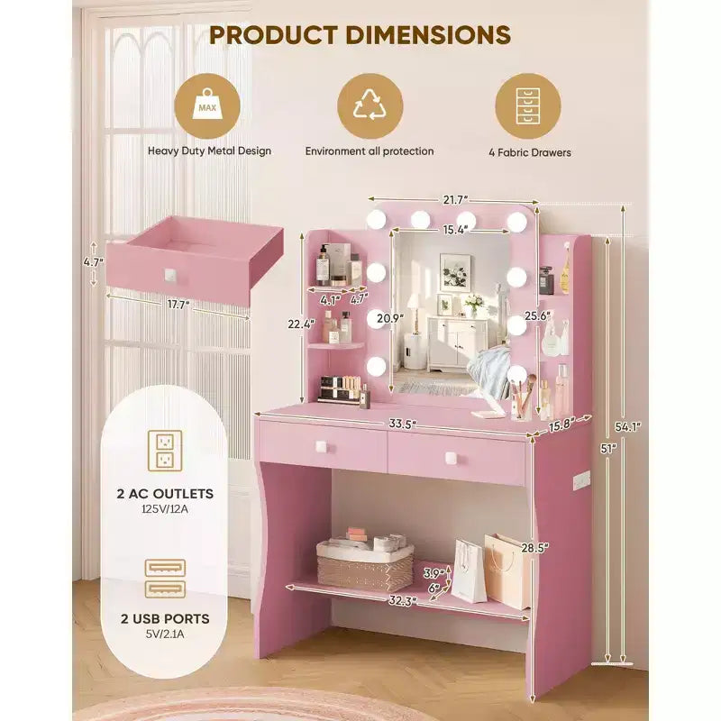 Small Vanity Desk with Power Outlet, 3 Lighting Modes & 10 LED Bulbs