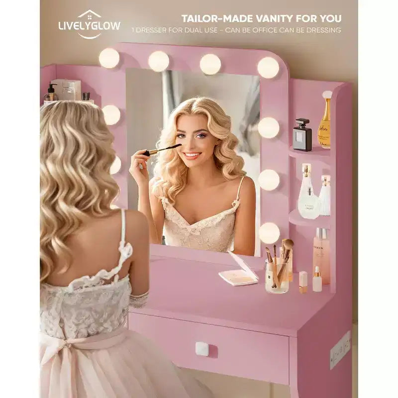 Small Vanity Desk with Power Outlet, 3 Lighting Modes & 10 LED Bulbs