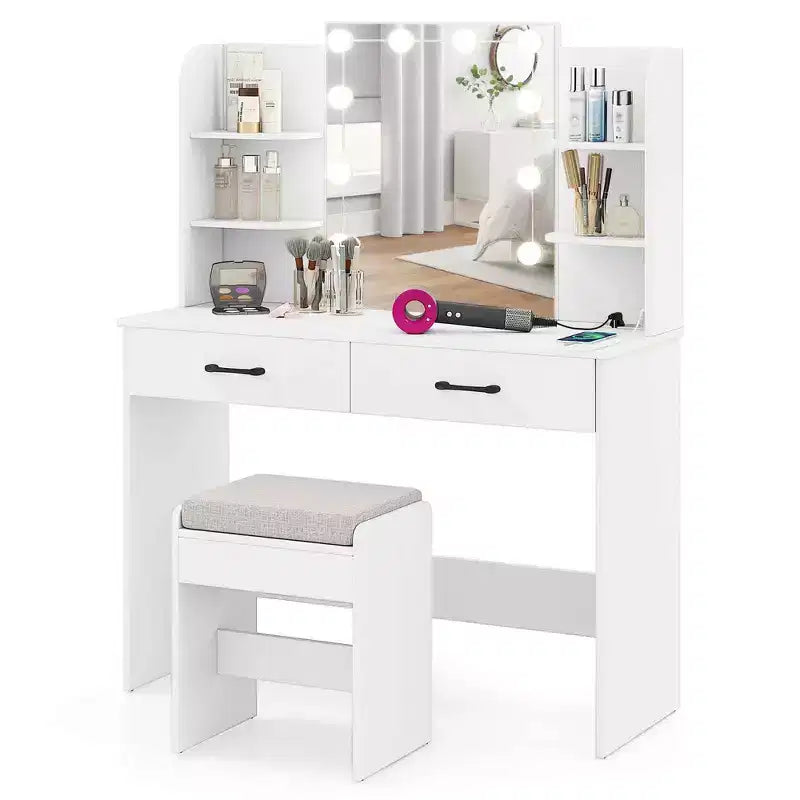 Makeup Vanity Desk with Lighted Mirror, Charging Station & 3-Color Dimmable LED Lights, White/Black