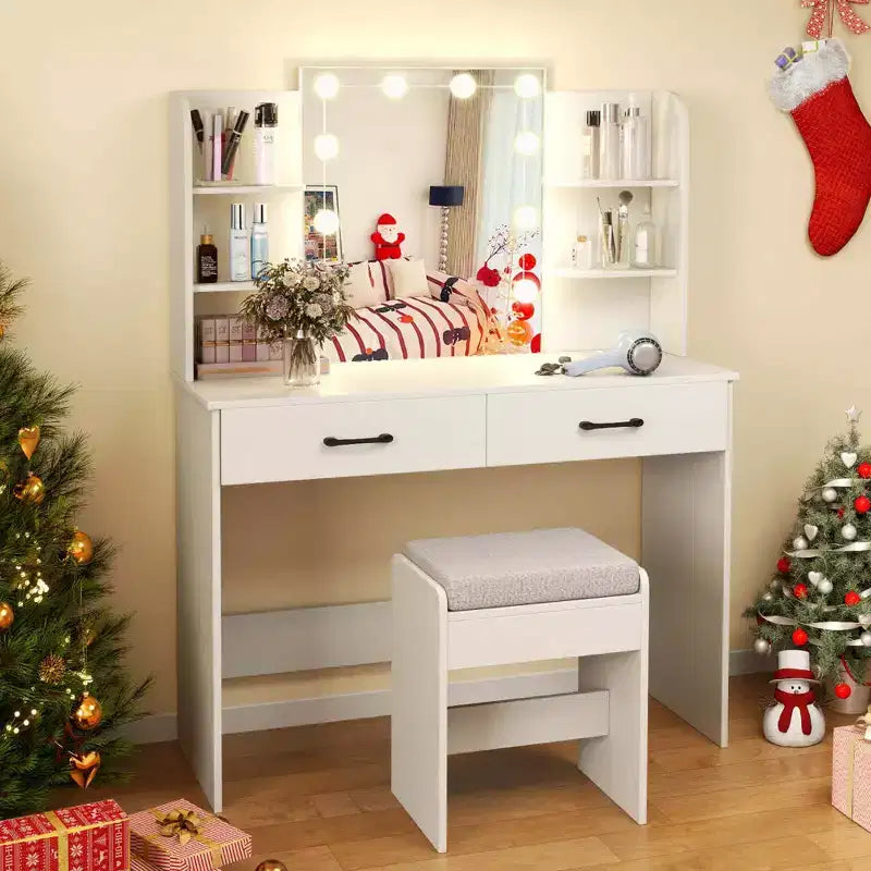 Makeup Vanity Desk with Lighted Mirror, Charging Station & 3-Color Dimmable LED Lights, White/Black