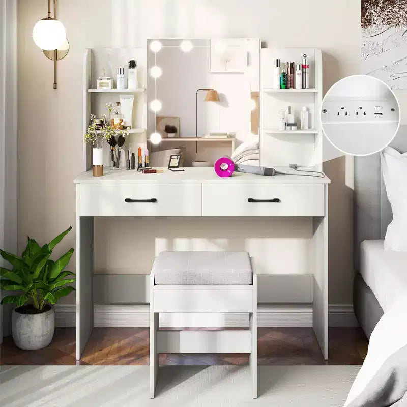 Makeup Vanity Desk with Lighted Mirror, Charging Station & 3-Color Dimmable LED Lights, White/Black