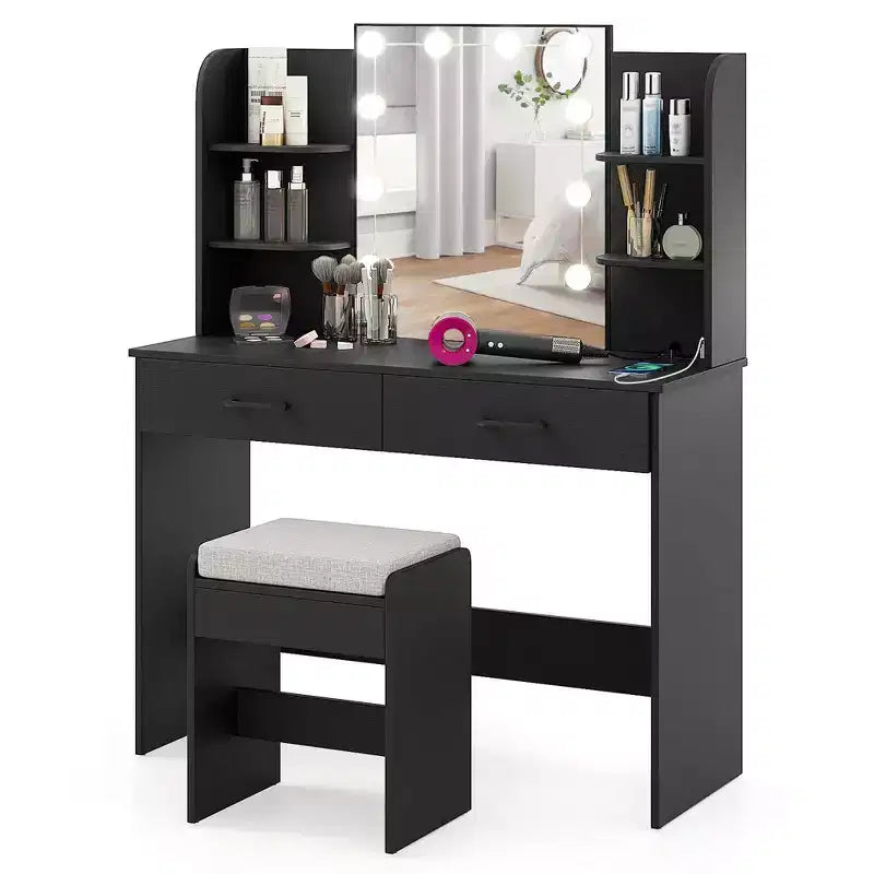 Makeup Vanity Desk with Lighted Mirror, Charging Station & 3-Color Dimmable LED Lights, White/Black