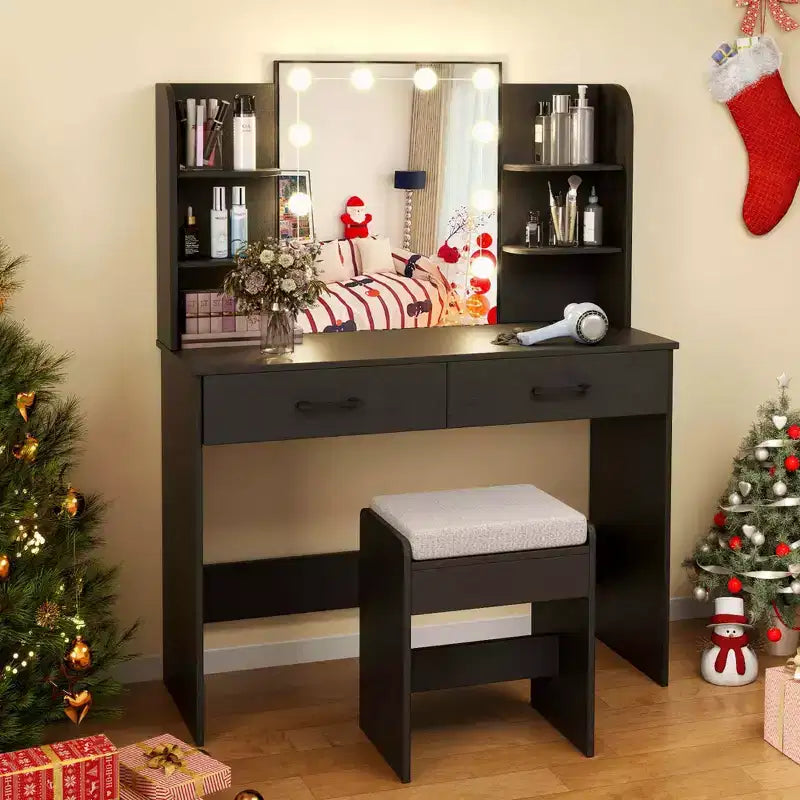 Makeup Vanity Desk with Lighted Mirror, Charging Station & 3-Color Dimmable LED Lights, White/Black