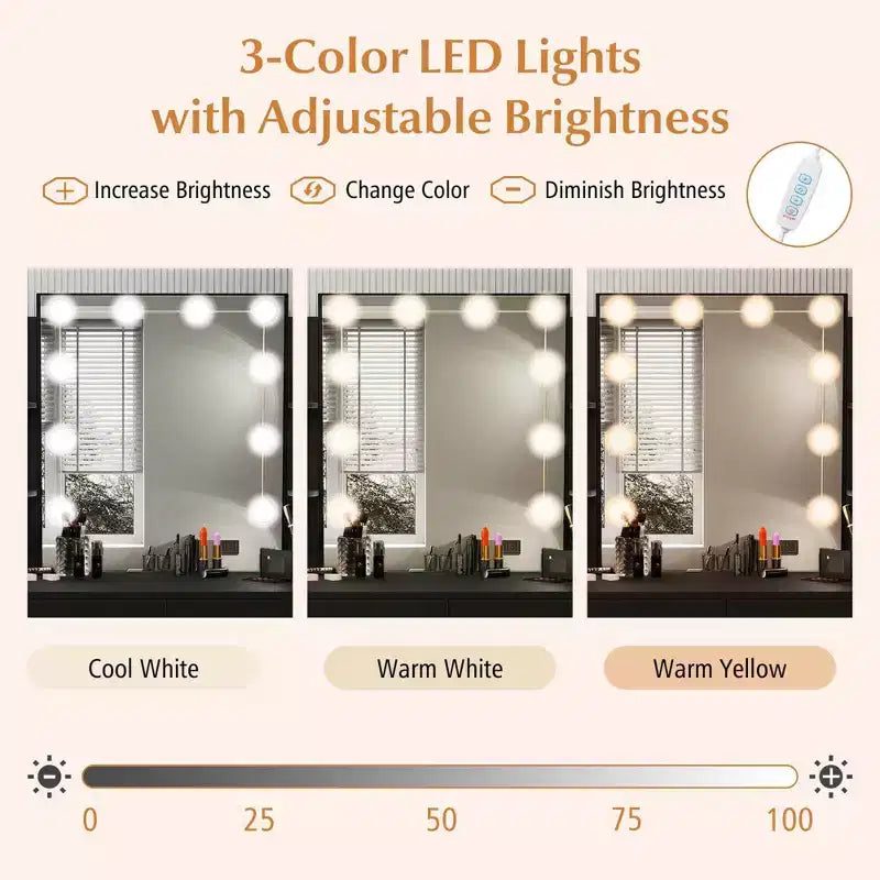 Makeup Vanity Desk with Lighted Mirror, Charging Station & 3-Color Dimmable LED Lights, White/Black