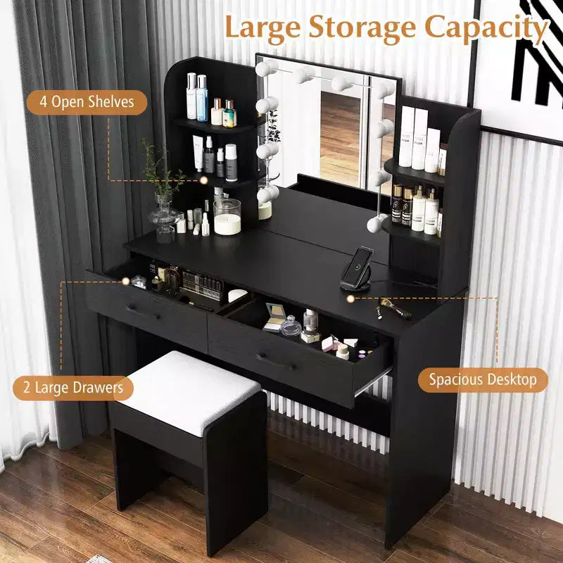 Makeup Vanity Desk with Lighted Mirror, Charging Station & 3-Color Dimmable LED Lights, White/Black