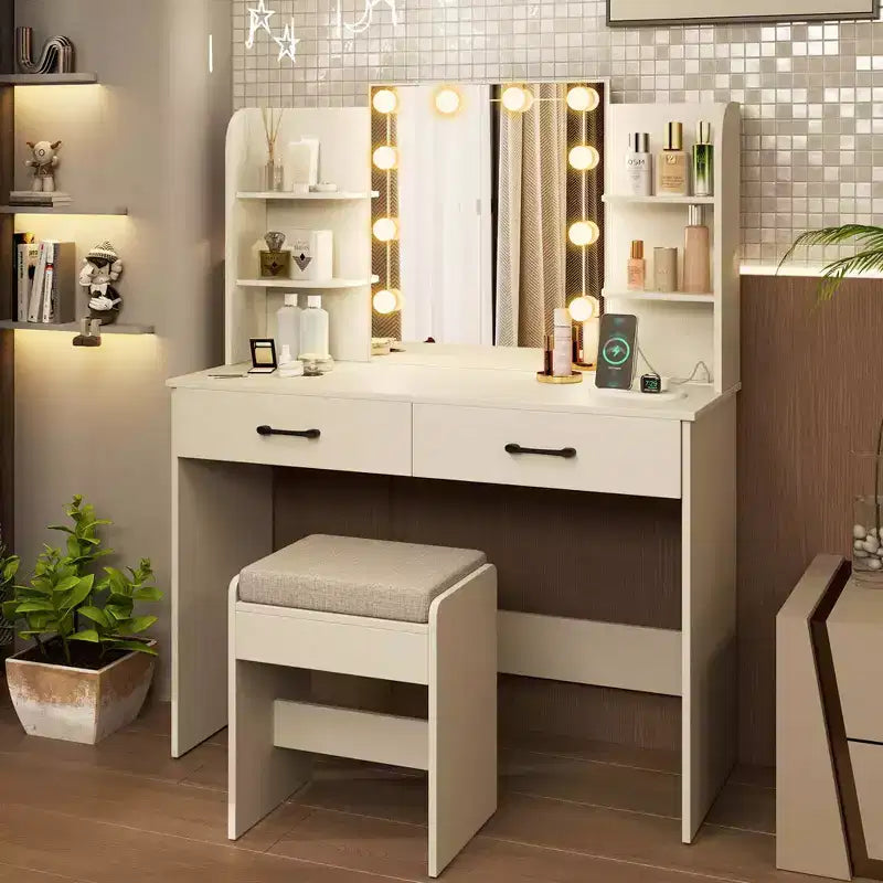 Makeup Vanity Desk with Lighted Mirror, Charging Station & 3-Color Dimmable LED Lights, White/Black