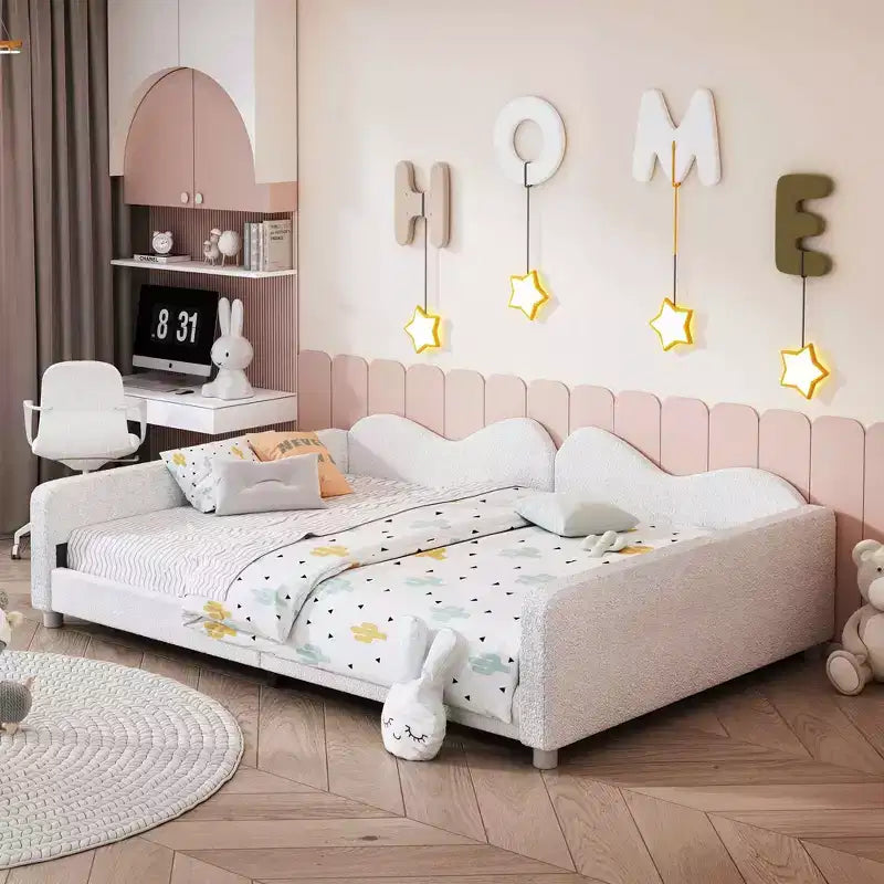 Full Size Upholstered Bed with Cloud-Shaped Backrest for Bedroom, White