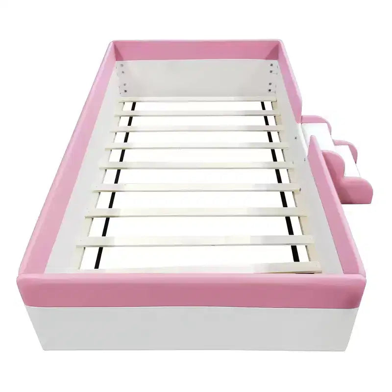 Twin/Full/Queen Size Floor Daybed Frame with Fence and Stairs, PU Upholstered Floor Bedframe for Girls & Boys