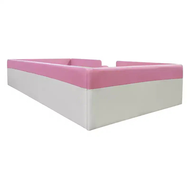 Twin/Full/Queen Size Floor Daybed Frame with Fence and Stairs, PU Upholstered Floor Bedframe for Girls & Boys