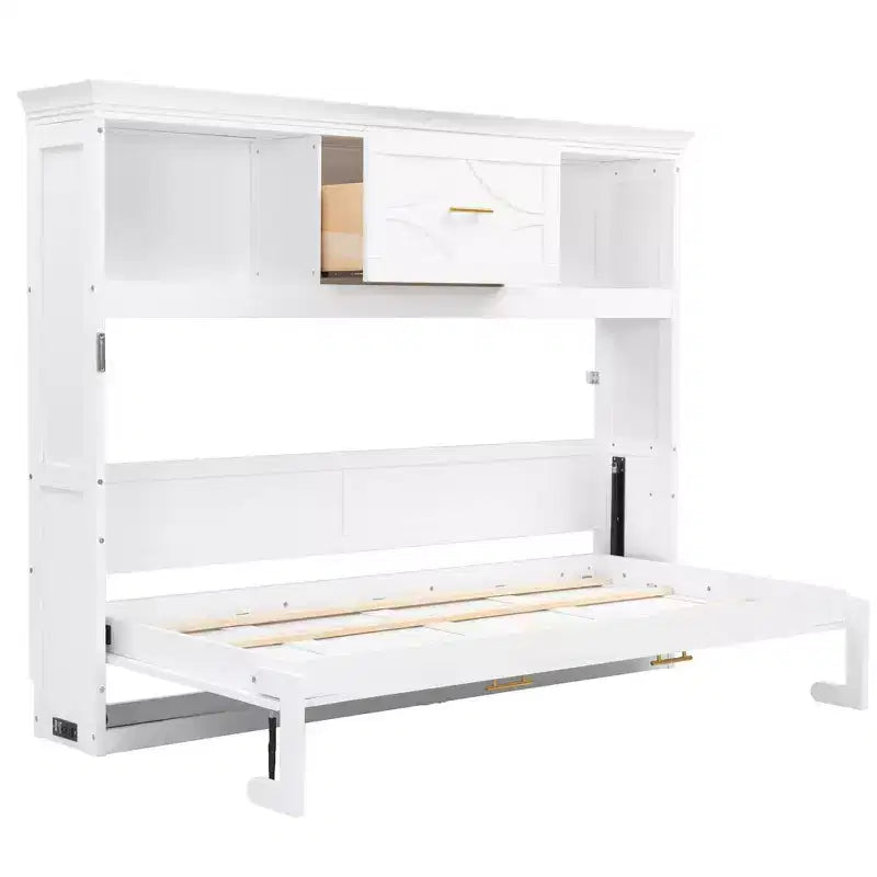 Twin Size Murphy Bed with Storage Shelves, Wooden Twin Cabinet Bed Wall Bed with Charging Station and Drawer, Folding Wall Chest Bed for Guest Room
