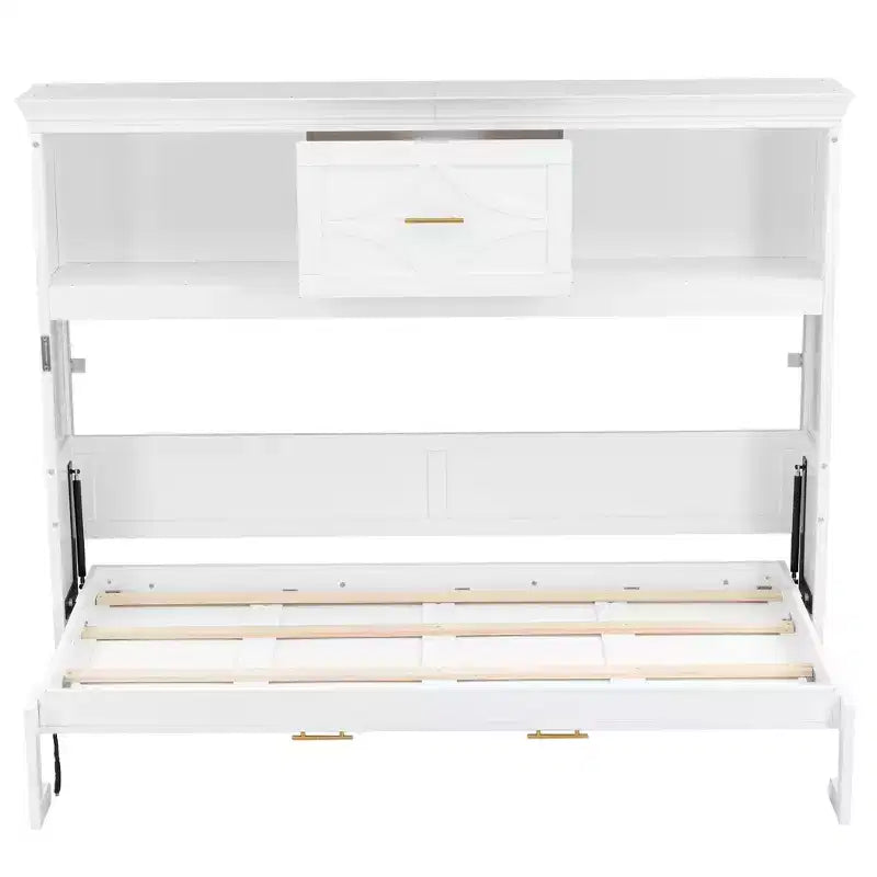 Twin Size Murphy Bed with Storage Shelves, Wooden Twin Cabinet Bed Wall Bed with Charging Station and Drawer, Folding Wall Chest Bed for Guest Room
