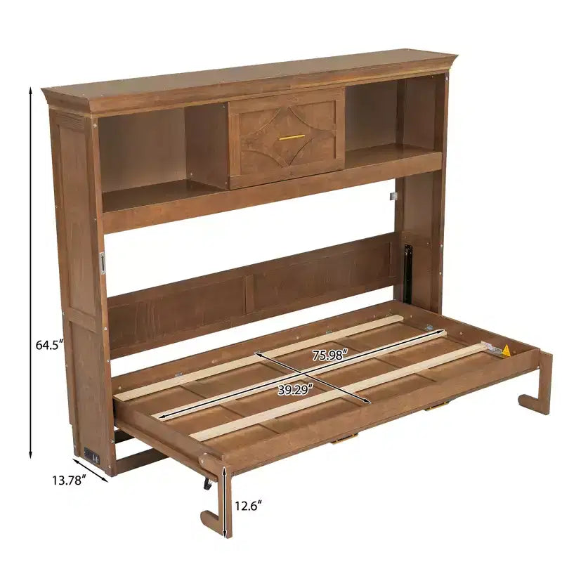 Twin Size Murphy Bed with Storage Shelves, Wooden Twin Cabinet Bed Wall Bed with Charging Station and Drawer, Folding Wall Chest Bed for Guest Room